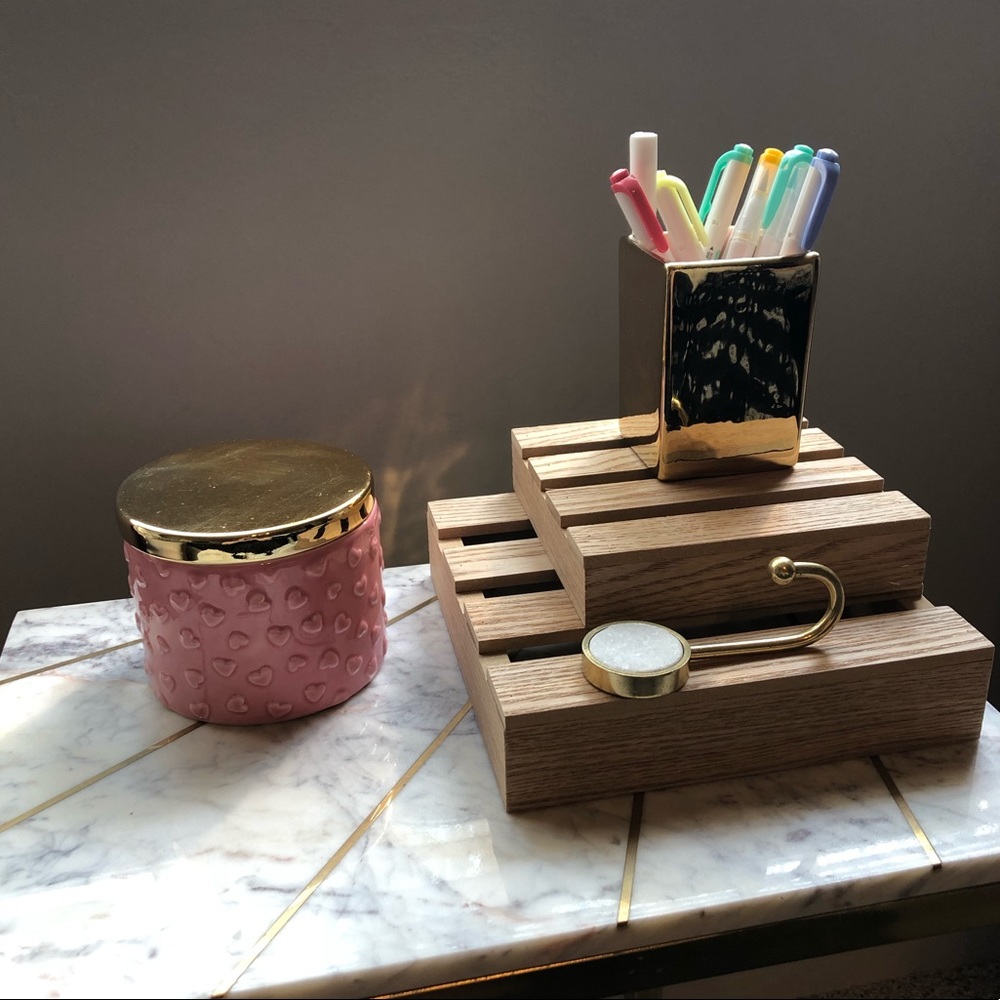 Pink container, gold pencil holder, wall hanger